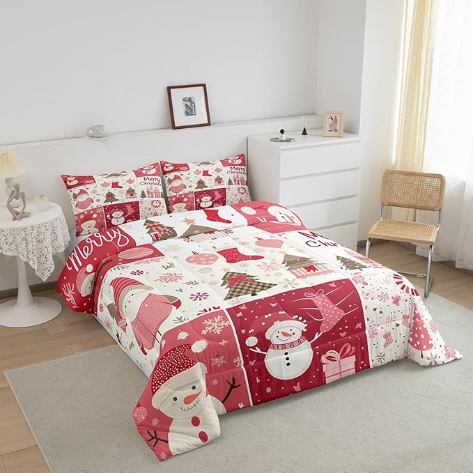 Christmas Tree Comforter Set Queen Size,Merry Christmas Bedding Set for Kids Boys Girls Room Decor,Snowman Christmas Tree Snowflake Duvet Insert 3Pcs,Cartoon Plaid Patchwork Quilt Set,2 Pillowcases