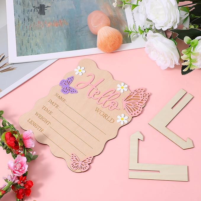 Welcome Baby Sign, Hello World Newborn Sign, Pink Baby Name Announcement Mark, Butterfly Chrysanthemum Birth Announcement Signs for Girls And Boys in Hospitals, Nursery And Family Use.