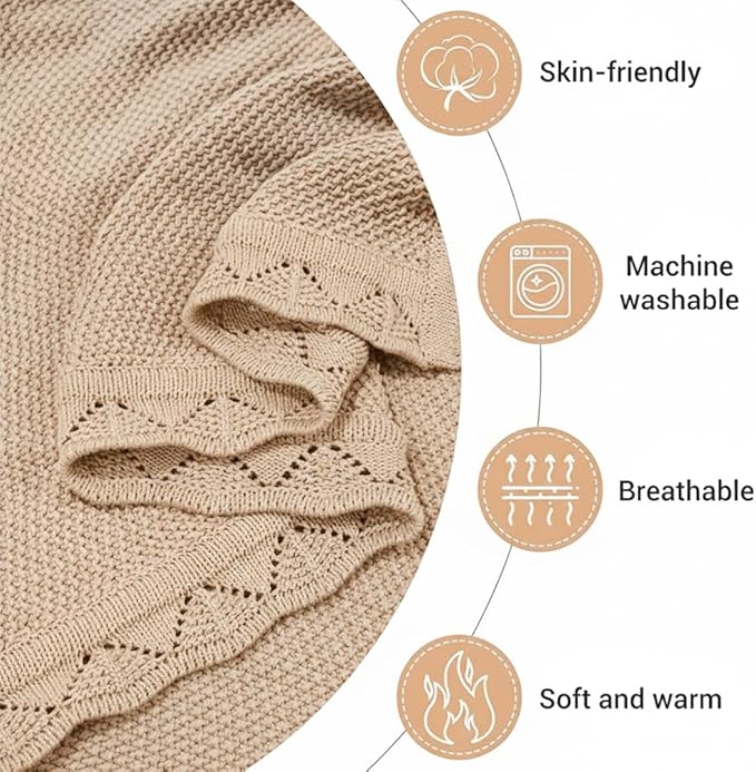 Baby Knit Blanket Soft Breathable Cotton Scallop Border Blankets Newborn Knitted Blanket Swaddle Blankets Gifts for Baby Newborn Toddler Shower Boy Girl New Mom Birthday Christmas Beige 30x40