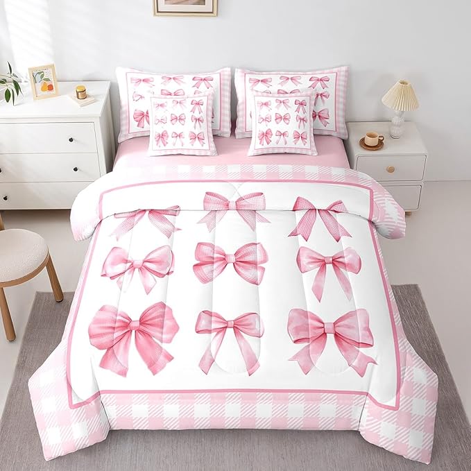 7 Pieces Pink Bowknot Kids Comforter Queen,Geometric Plaids Grids Patchwork Fashion Bedding Set,Bow Tie Knot Princess Romantic Chic（Comforter+Fitted+Flat Sheet+2 Pillowcases+2 Throw Pillow Covers）