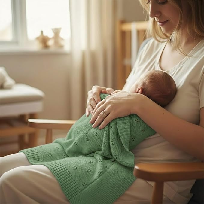 Baby Knit Blanket, 100% Cotton Eyelet Patterns, Soft, Cozy, Lightweight Swaddle for Newborn & Infant Swaddling Beige Neutral, Perfect Baby Shower Ideas Green 30x40