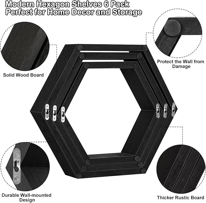 CADUKE Hexagonal Floating Shelves Set of 6 Hexagon Sheves Wall Mount Wood Storage Honeycomb Shelf Farmhouse Wall Decor Shelves for Bedroom Living Room, Black