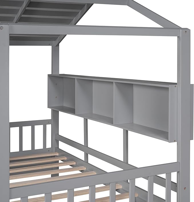 Bellemave Twin Size House Bed with Storage Drawers,Kids House Bed Frame with Shelves,Cute Wood House Bed Twin with Roof for Kids,Girls,Boys,Gray