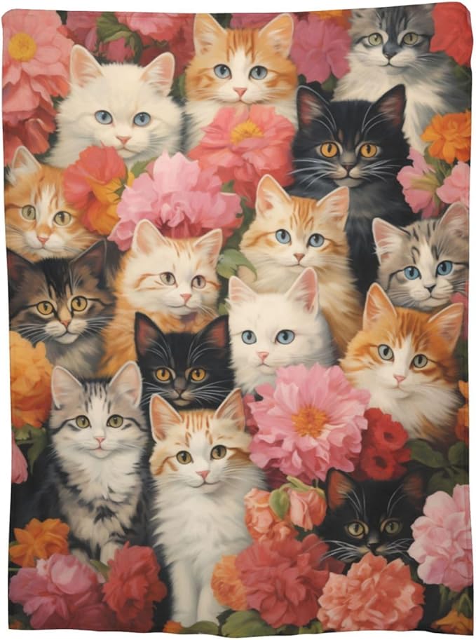 Cute Cat Blanket Gifts for Cat Lovers Girls Women Kitten Floral Flannel Throw Blankets for Home Couch Bed Sofa Soft Fuzzy Lightweight Decor All Season 80x60 Inches