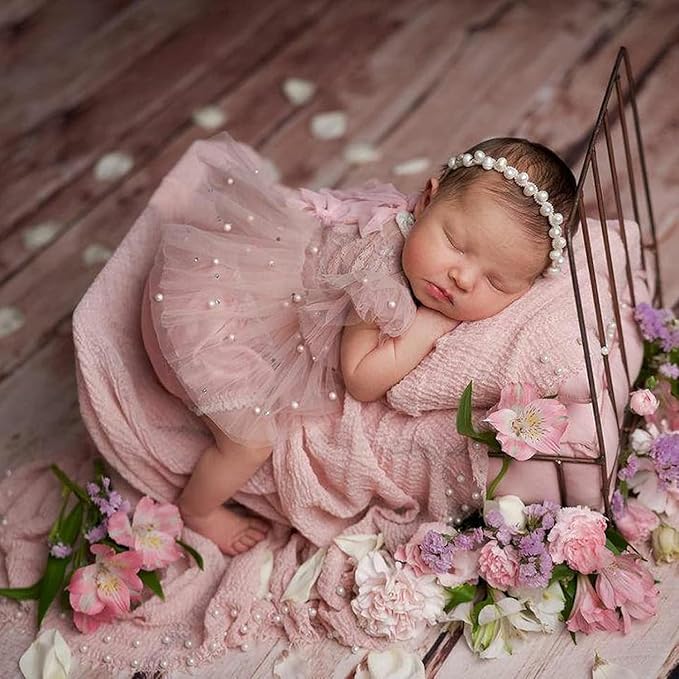 Newborn Lace Romper, 2 PCS Baby Girl Photography Props, Newborn Girl Photography Outfits with Flower Headband for Infants
