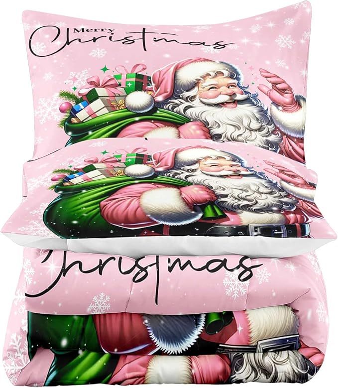 LUVIVIHOME 2PCS Merry Christmas Comforter Set Twin Size, Funny Santa Claus Bedding, Kids Teens Girls Bedding, Winter Snowflake New Year Christmas Bedroom Decor, Pink Quilt, Xmas Gifts, 1 Pillow Sham