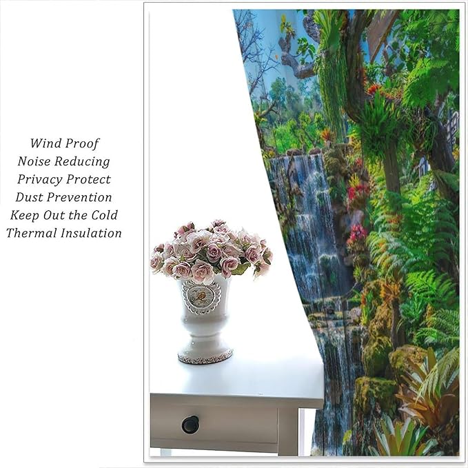 Waterfall Blackout Window Curtains, Spring Forest Nature Landscape Theme Pattern Print Window Drapes, for Living Room Bedroom 55x63in 2 Panels