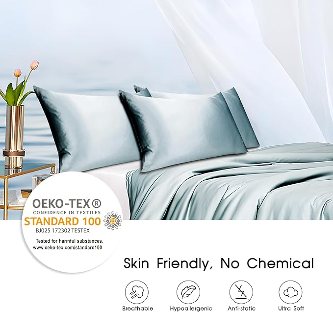100% Mulberry Silk Zippered Bed Pillowcase for Hair and Skin,Zip Up Real Silk Large Pillow Case,19 Momme Grade 6A,1pc,Pale Blue,Super King Size 20x36 Inches
