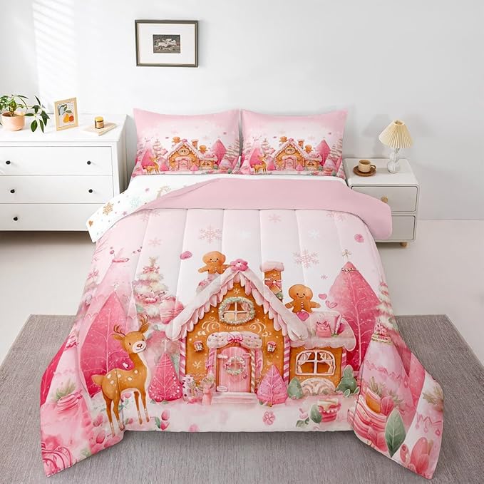 jejeloiu Kids Christmas Theme Comforter Set Twin Size Cute Deer Gingerbread Man Bedding Set for Boys Girls Teens Pink Xmas Tree Candy House Snowflake Winter Duvet Quilt Room Decor
