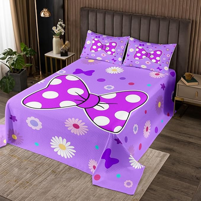 Manfei Purple Bowknot Kids Bedspread Queen Size,Star Daisy Floral Geometric Dots Patch Coverlet Set,Girls Women Room Decor,Bow Tie Princess Cute Quilted Coverlet,Romantic Bedding Quilt,2 Pillowcases