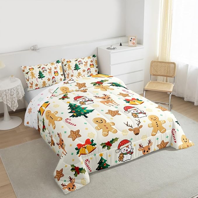 Feelyou Merry Christmas Kids Comforter Set Toddler Size Gingerbread Man Bedding Set Cute Deer Duvet Quilt for Kids Boys Girls Bedroom Christmas Tree Decor Microfiber Ultra Soft Breathable