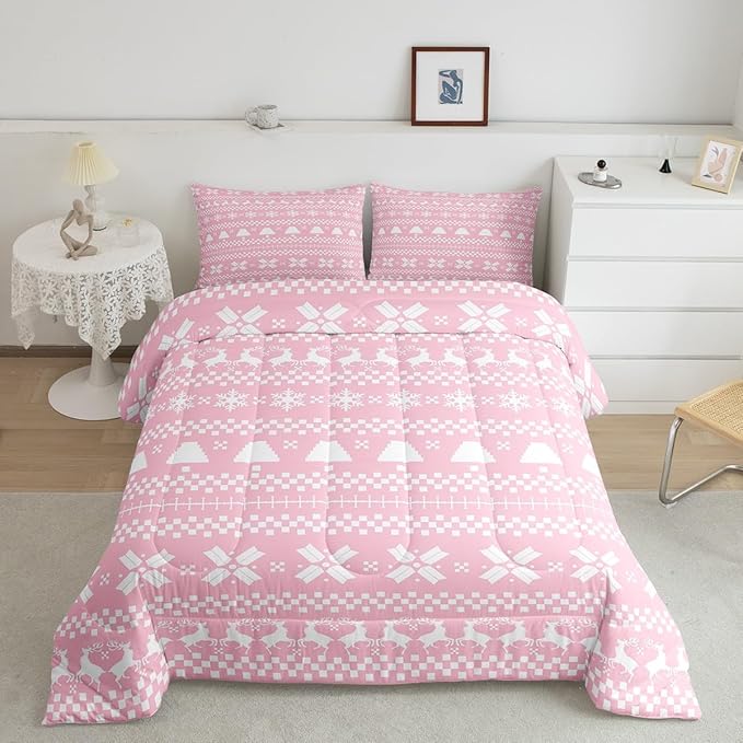 Feelyou Pink Christmas Bedding Set for Kids Boys Girls Toddler Size Xmas Deer Elk Decor Comforter Set Ultra Soft Winter Comforter Snowflake Duvet Quilt Bedroom Decor Christmas Ornaments Quilt