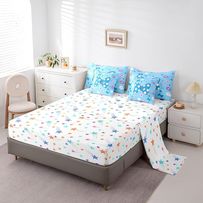 7 Pieces Blue Bowknot Kids Comforter Set Queen,Daisy Flowers Geometric Dot Patchwork Bedding Set,Star Bow Tie Princess Cute Dreamy（Comforter+Fitted+Flat Sheet+2 Pillowcases+2 Throw Pillow Covers）