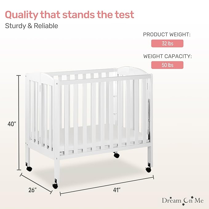 Dream On Me 3-in-1 Portable Folding Stationary Side Mini Baby Crib in White & Mattress, GreenGuard Gold & JPMA, Use as Changer & Playpen, Locking Wheels, 3 Mattress Heights, Extra Firm Mattress