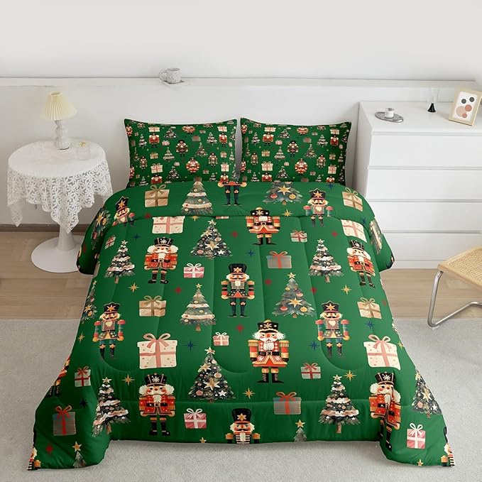 jejeloiu Xmas Nutcracker Comforter Set Full Size Christmas Green Bedding Set for Kids Boys Girls Cute Snowflakes Duvet Quilt Bedroom Decor