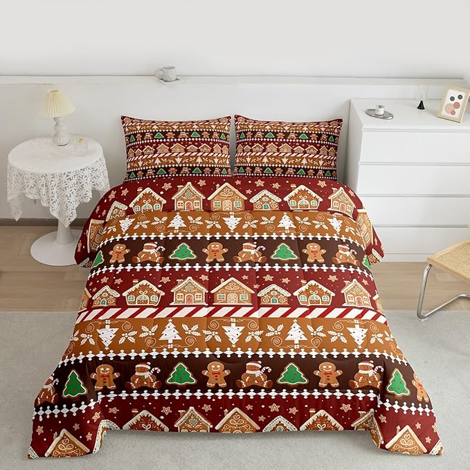 Feelyou Merry Christmas Comforter Set Full Size Greenland Home Bedding Set for Kids Boys Girls Xmas Tree Duvet Quilt Striped Bedroom Decor Microfiber 3 Pcs with 2 Pillow Cases