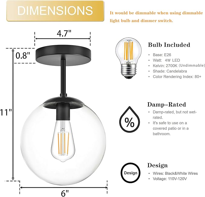 KoKo&Yukina Mid Century Modern Globe Semi Flush Mount Ceiling Light Fixture Clear Glass with Finish Black Globe Ceiling Light for Aisle Porch Stairway Closet Kitchen Laundry Room(Bulb Incl.)