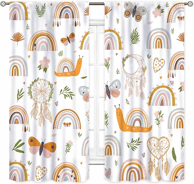 Boho Rainbow Curtains for Girls Bedroom, Bohemian Cute Lovely Butterfly Floral Rainbow Print Pastel Baby Kids Girls Bedroom Living Room Nursery Playroom Classroom Curtains for Windows, 52"x84" Inch