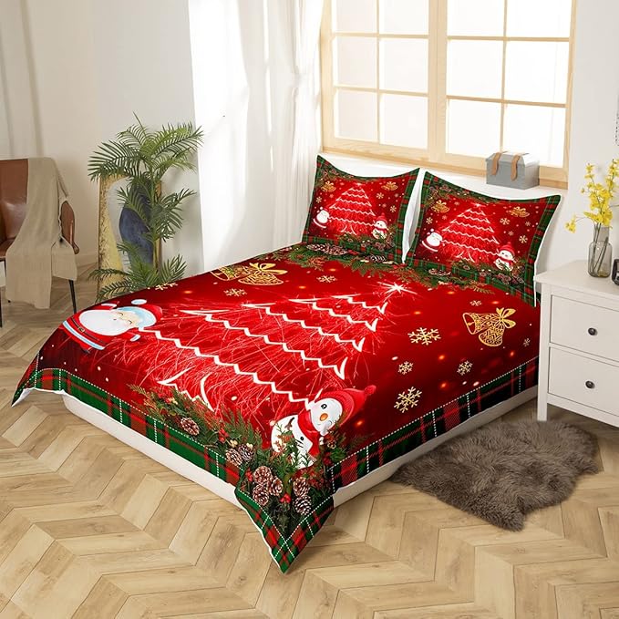 Feelyou Christmas Bedding Set Kids Cartoon Santa Claus Comforter Cover Set for Boys Girls Christmas Tree Xmas Theme Duvet Cover Breathable Snowman Bedspread Cover Room Decor Quilt Cover Twin Size