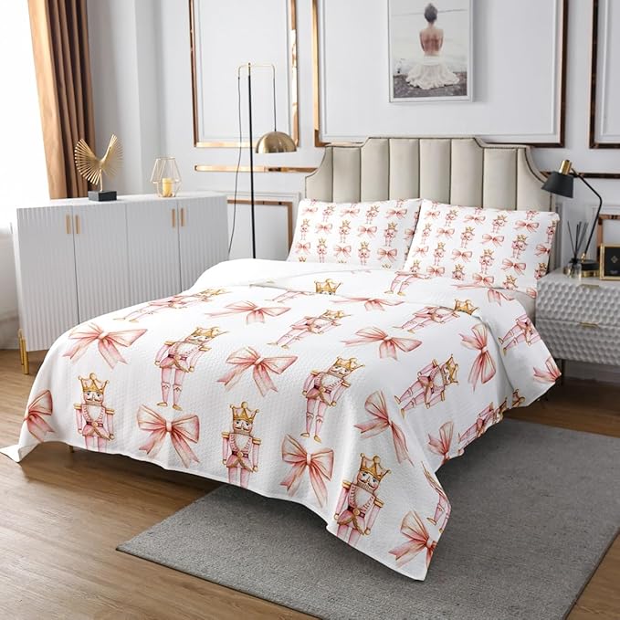 Cartoon Nutcracker Kids Bedspread King Size,Pink Bowknot Romantic Princess Coverlet Set,Girls Women Room Decor,Ballet Merry Christmas Bow Tie Quilted Coverlet,Dreamy Bedding Quilt,2 Pillowcases