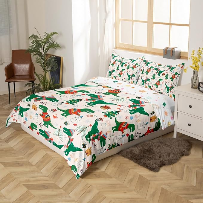 Christmas Bedding Set for Kids Boys Girls Cartoon Dinosaur Christmas Tree Comforter Cover Set Snowman New Year Duvet Cover Bedroom Decor Xmas Theme Bedspread Cover Toddler Size Bedding Collection 2Pcs