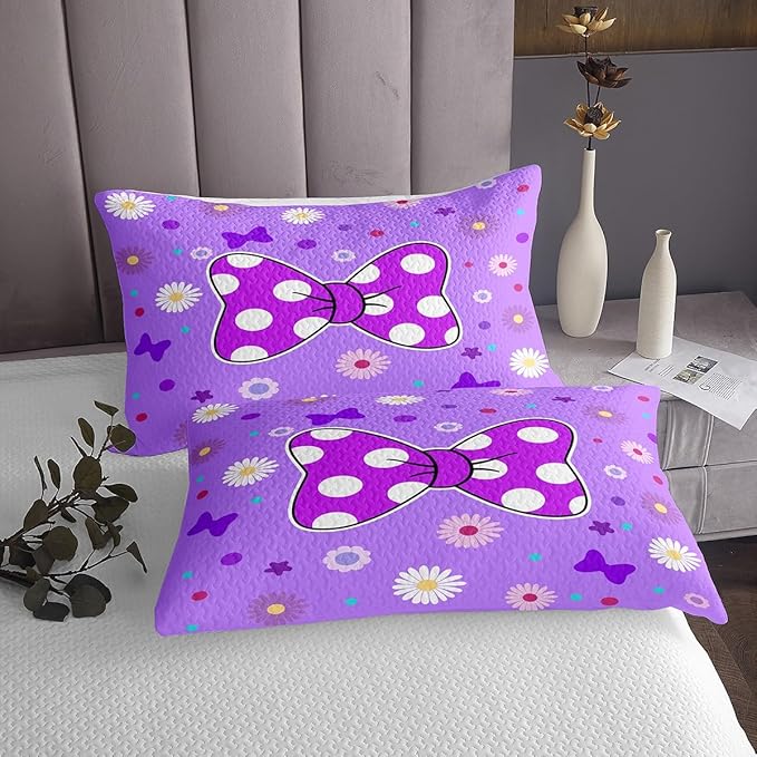 Manfei Purple Bowknot Kids Bedspread Queen Size,Star Daisy Floral Geometric Dots Patch Coverlet Set,Girls Women Room Decor,Bow Tie Princess Cute Quilted Coverlet,Romantic Bedding Quilt,2 Pillowcases