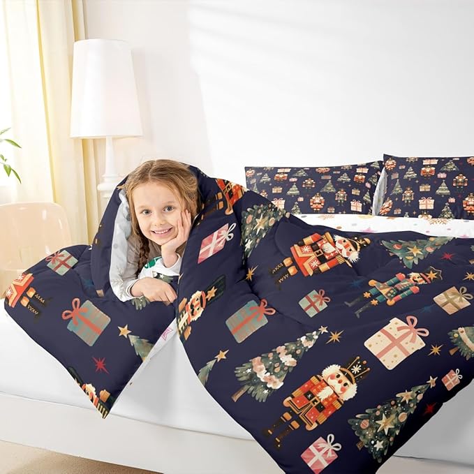 jejeloiu Xmas Nutcracker Comforter Set King Size Christmas Dark Blue Bedding Set for Kids Boys Girls Cute Snowflakes Duvet Quilt Bedroom Decor