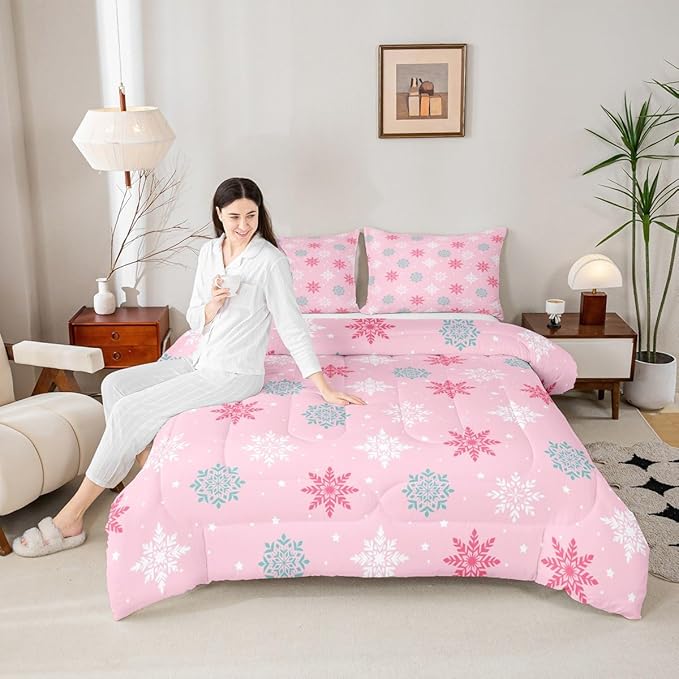 Feelyou Winter Snowflakes Bedding Set Soft for Boys Girls, Winter Holiday Comforter Set Twin Size Frozen Snowflake Duvet Quilt Microfiber Pink Bedroom Decor 2 Pcs with 1 Pillow Cases
