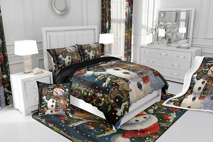 Feelyou Christmas Kids Comforter Set Queen Size Snowman Squirrel Bedding Set Snowflake Gift Duvet Quilt for Kids Boys Girls Bedroom Branch Berry Decor Microfiber Ultra Soft Breathable