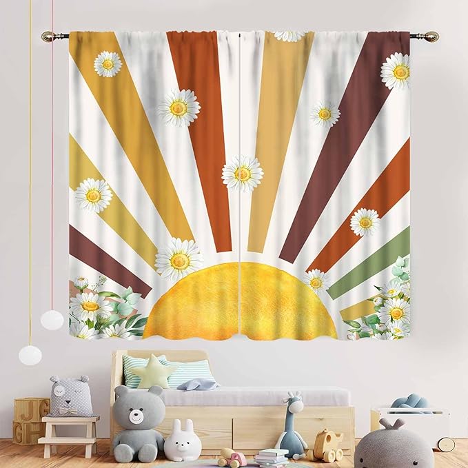Boho Rainbow Curtains, Watercolor Bohemian Modern Abstract Daisy Floral Abstract Aesthetic Rainbow Blackout Window Treatments for Kids Girls Baby Bedroom Living Room Bathroom 2 Panels, 52"x84" Inch