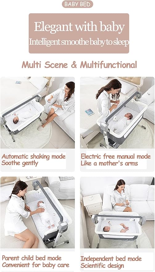 Electric Bluetooth Smart Baby Bedside Bassinet, Baby Bassinet Bedside Sleeper, Next to Me Crib with Wheels, Foldable Co-Sleeping Bed Bassinet for Newborn with 5 Swaying Gears and Remote (601 Pink)