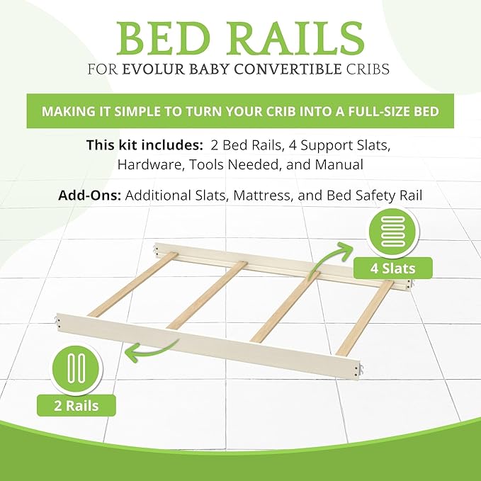 Full-Size Conversion Kit Bed Rails for Evolur Cribs - Solid Wood Crib Convertible Kit to Kids Bed - Transitional Style Rails & Easy-to-Install Child Essentials for Safety (Ivory Lace/Fair White)