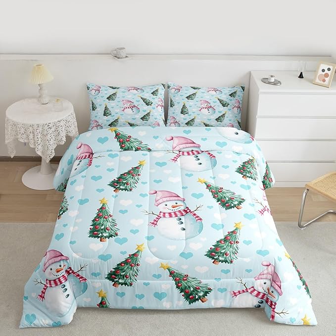 Feelyou Merry Christmas Kids Comforter Set Full Size Cute Snowman Bedding Set Christmas Tree Duvet Quilt for Kids Boys Girls Bedroom Love Hearts Decor Microfiber Ultra Soft Breathable