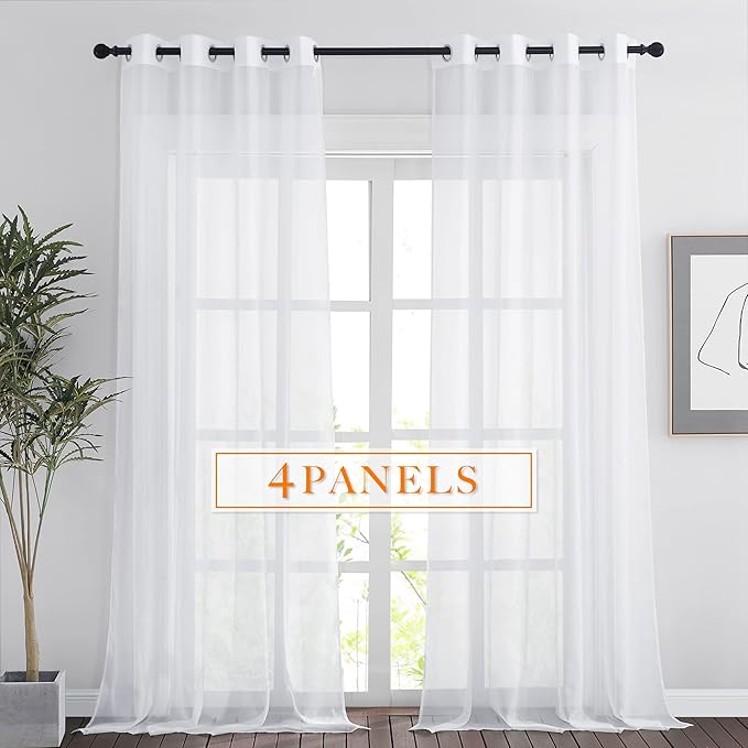 RYB HOME Extra Long Curtains for Large Window, Bedroom White Sheer Curtains Voile Draperies for Living Room Sliding Glass Door, Wide 54 x Long 95 inch Each Panel, 4 Panels