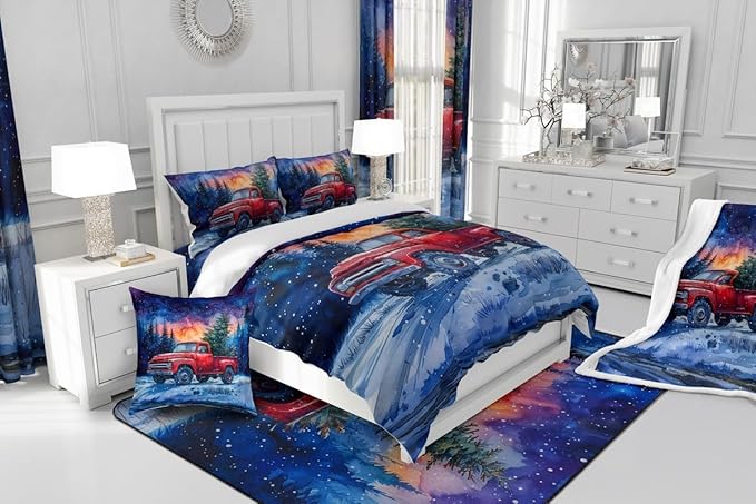 Red Truck Kids Comforter Set Twin Size,Christmas Tree Snowflake Bedding Set for Teens Boys Girls Room Decor,Woodland Nature Scenery Quilt Set 2Pcs,Merry Christmas Theme Duvet Insert,1 Pillowcase