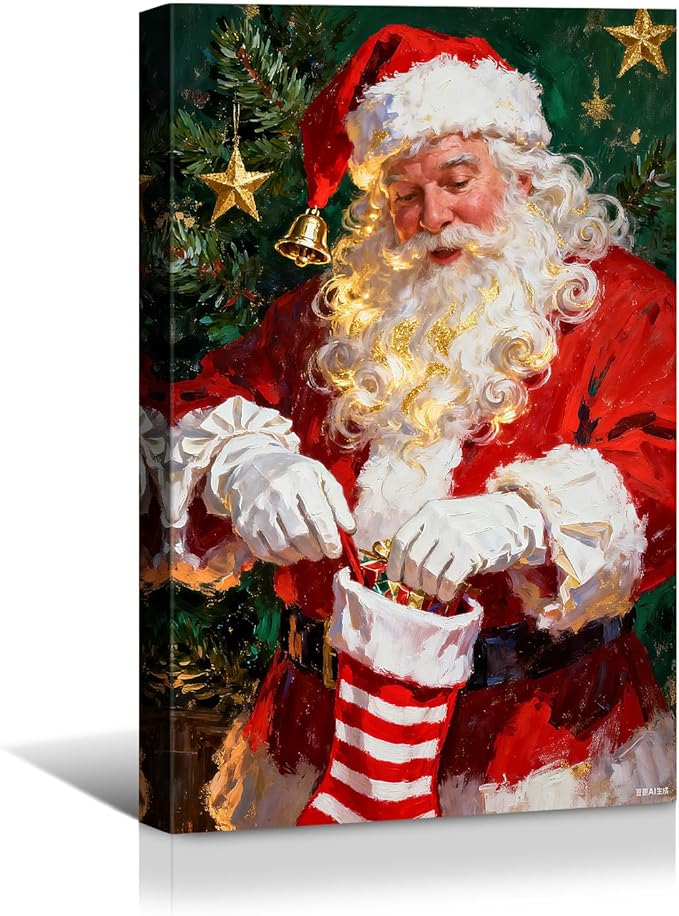 YONICA Christmas Canvas Wall Art Stocking Santa 12x18 Inch Oil Painting Filling Christmas Sock - Large Framed Gallery Wrapped Family Tradition