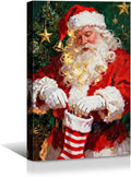 YONICA Christmas Canvas Wall Art Stocking Santa 24x36 Inch Oil Painting Filling Christmas Sock - Large Framed Gallery Wrapped Family Tradition