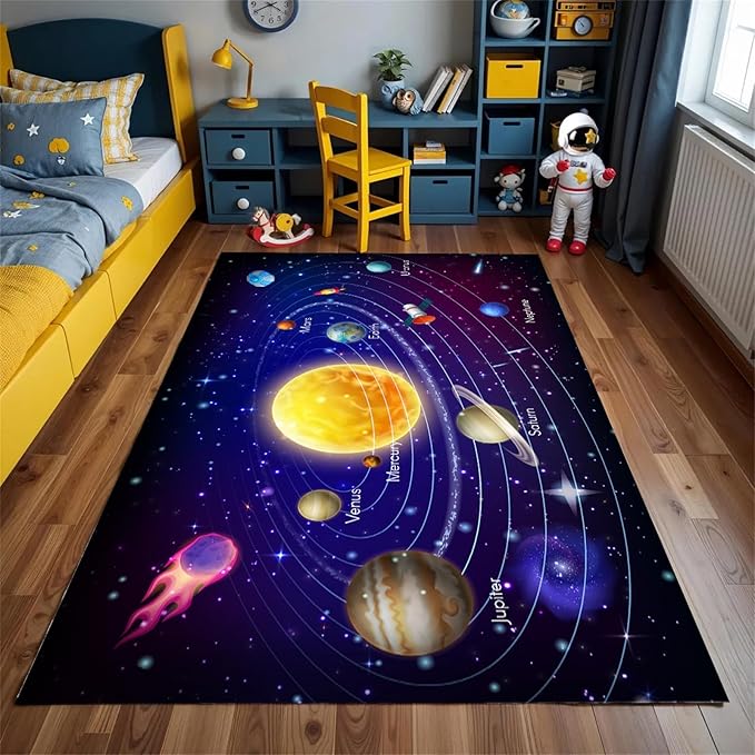 Solar System Planet Area Rug,5x6ft,Boys and Girls Room Large Play Mat, Suitable for Children's Room Bedroom, Classroom, Daycare Center, Kindergarten, Non-Slip Washable Carpet