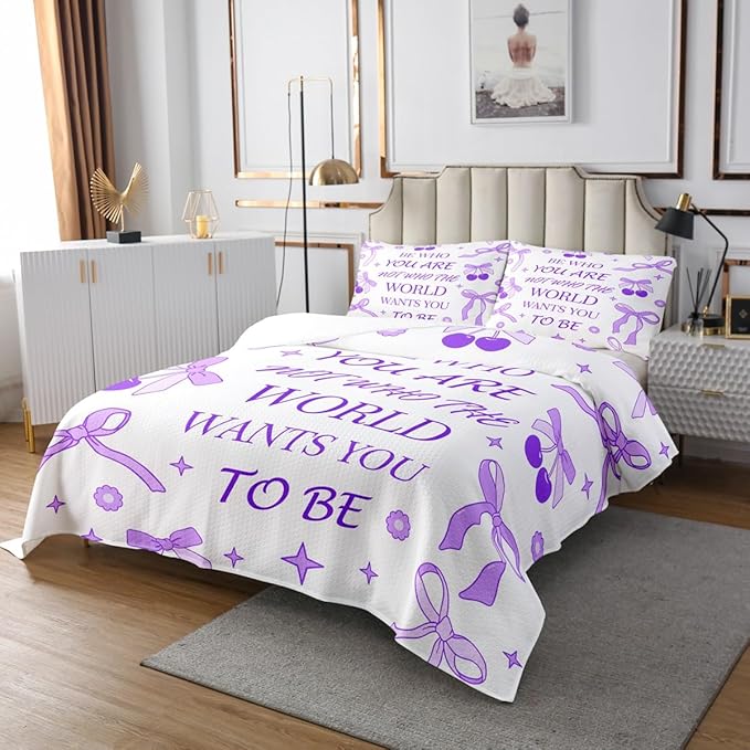 Purple Bowknot Kids Bedspread King Size,Cherry Tropical Fruit Stars Daisy Cute Coverlet Set,Girls Women Room Decor,Bow Tie Cartoon Princess Quilted Coverlet,Romantic Bedding Quilt,2 Pillowcases