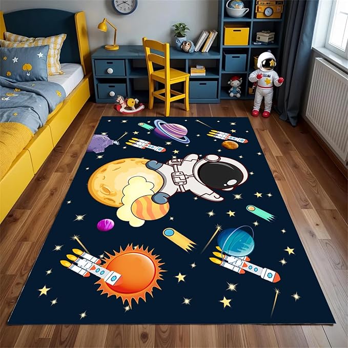 3x4ft Kids Space Themed Area Rug - with Spaceman, Rocket and Planet Design, Non-Slip Washable, Easy Care Rug, Suitable for Kids Playroom, Boys and Girls Room Decor