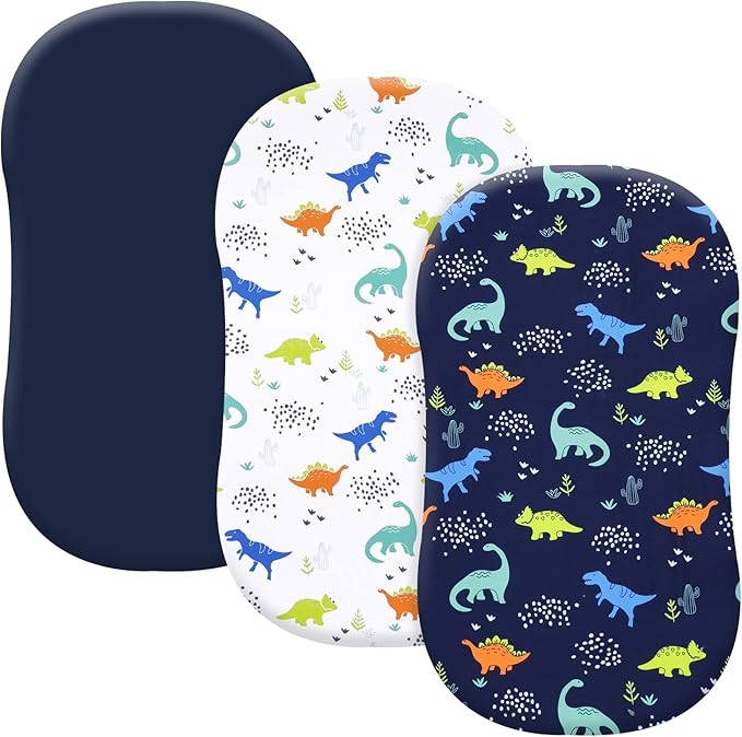 PHF 3 Pack Soft Bassinet Sheets, Dinosaur Breathable Comfy Cradle Sheets for Baby Boys, No Slip Universal Fit for Most Cradle and Bassinet Mattress, Navy Dinosaur