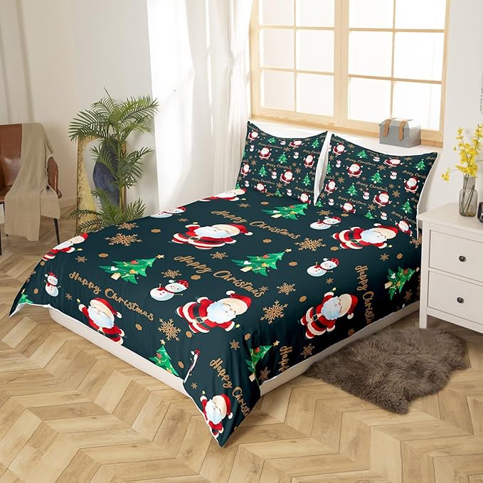 Christmas Duvet Cover Set Twin Size, Santa Claus Xmas Trees Snowman Sonwflake Comforter Cover with 1 Pillowcase, New Year Theme Bedding Set for Kids Boy Girl Lightweight Bedspread Cover,No Comforter