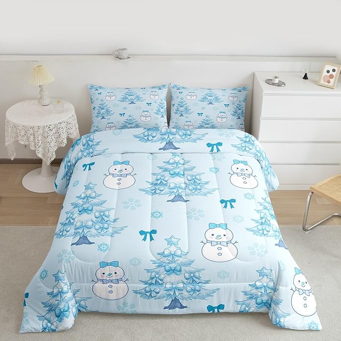 Feelyou Merry Christmas Comforter Set King Size Cute Snowman Bedding Set for Kids Boys Girls Cartoon Bowknot Duvet Quilt Christmas Tree Microfiber 3 Pcs with 2 Pillow Cases