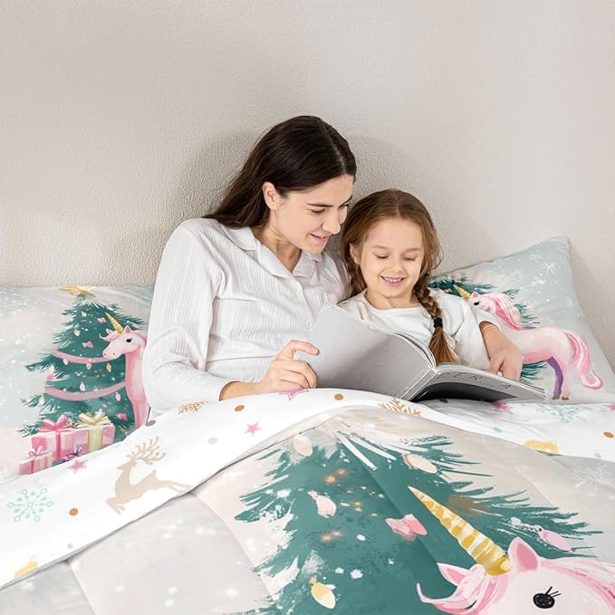 Feelyou Merry Christmas Comforter Set King Size Cute Unicorn Bedding Set for Kids Boys Girls Gift Duvet Quilt Christmas Tree Bedroom Decor Microfiber 3 Pcs with 2 Pillow Cases