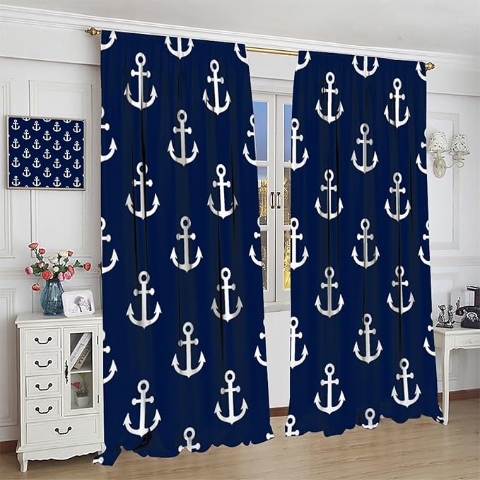 Nautical Costal Curtains,MarineThemed Oceanic Anchor Pattern Blackout Print Home Bedroom Living Room Window Treatments 2 Panel Set 42x54 Inch