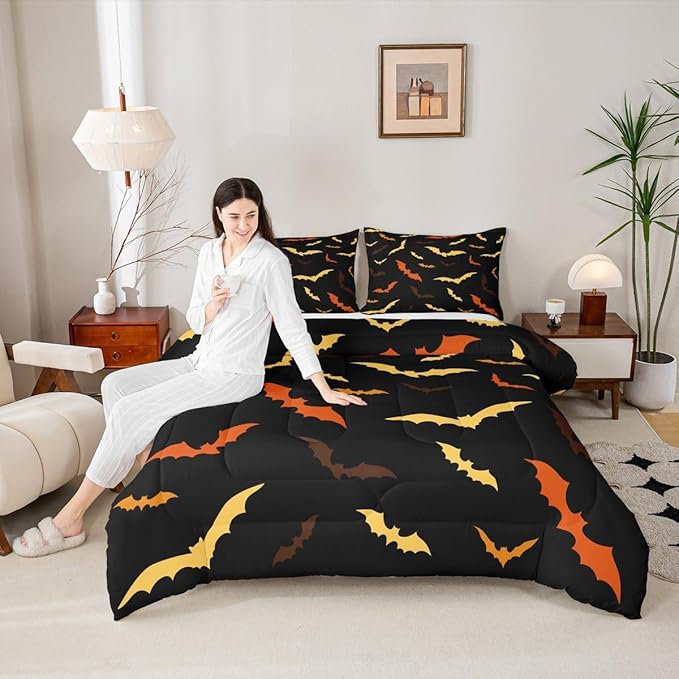 Erosebridal Bat Comforter Set for Kids Halloween Quilt Bats Animal Silhouette Bedding Set Toddler Size Happy Holiday Gothic Style Bedding Comforter Sets with 1 Pillow Case,Yellow and Orange