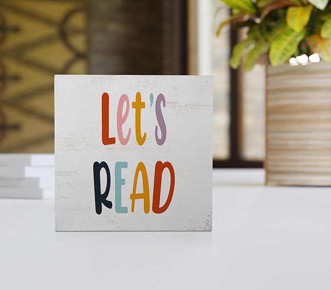 Nursery Let's Read Wood Box Sign Desk Decor,Boho Reading Wooden Block Sign Decorations for Home Classroom Reading Nook Reading Room Wall Tabletop Shelf Decor