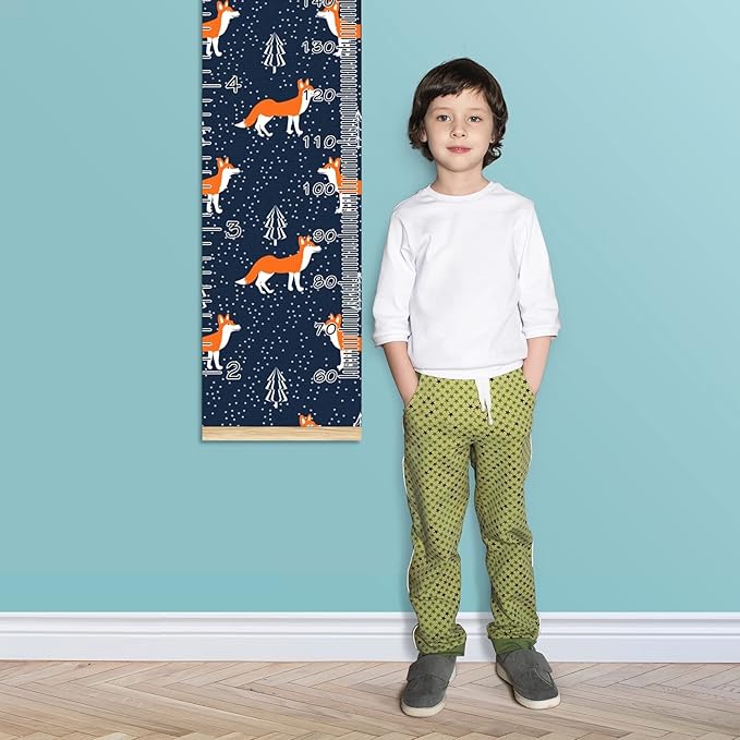Kids Growth Chart Ruler for Wall Wood Frame Height Measure Chart 13.4x56 in Linen Hanging Height Growth Chart Small Foxes Kids Room Decor