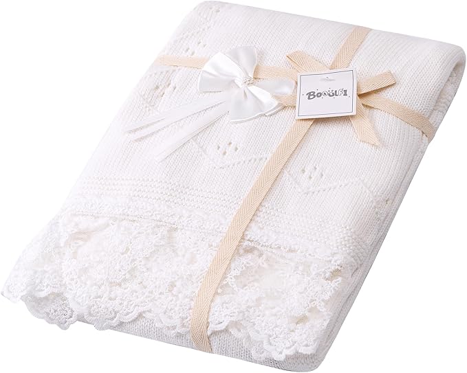 Booulfi Baby Blanket for Girls Boys Swaddles for Newborns Receiving Blankets Neutral Baptism Christening Knit White Baby Blanket Small Baby Crib Blanket, 37x42