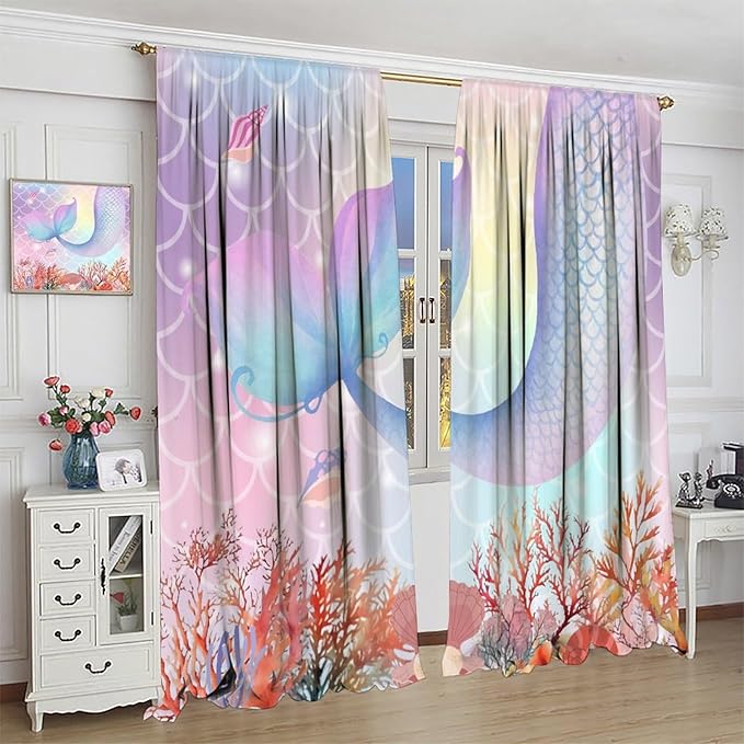 Dream Mermaid Curtains Colorful Mermaid Fish Tail Scale Fantasy Ocean Theme Beautiful Kids Window Treatment for Girls Bedroom Nursery Room Decor Rod Pocket Window Drapes 42x63in